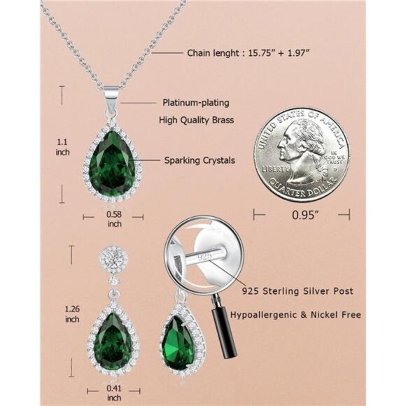 Teardrop Jewelry Set Women Crystal Necklace Earrings Sterling Silver Wedding Pro - Picture 3 of 7